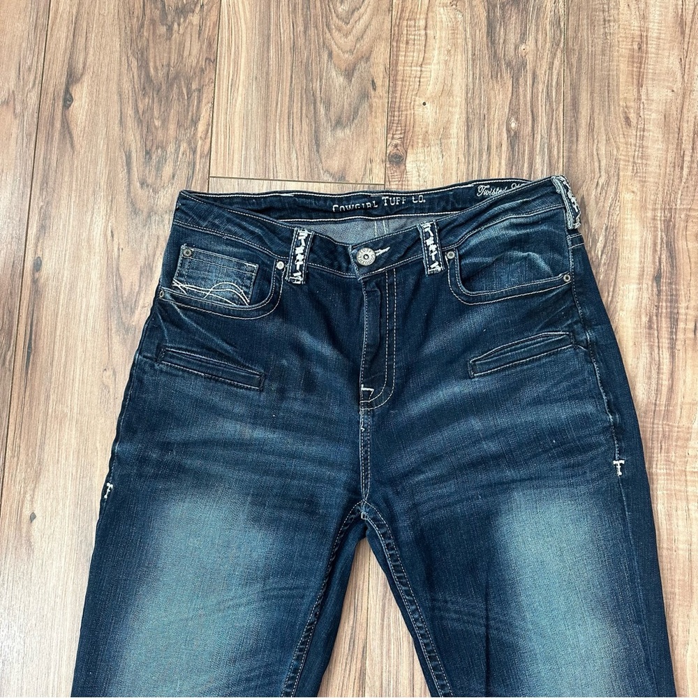 Like New Cowgirl Tuff Dark Blue Boot Cut Twisted Mustang Jeans Size: 33x34 - Picture 9 of 11